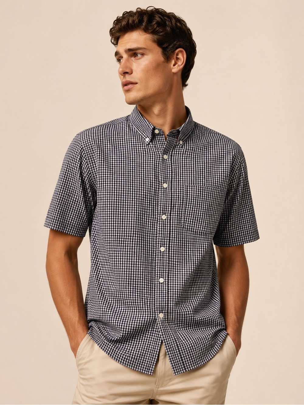 Roundtree & Yorke Short Sleeve Gingham Button-Down Shirt - Navy & White M